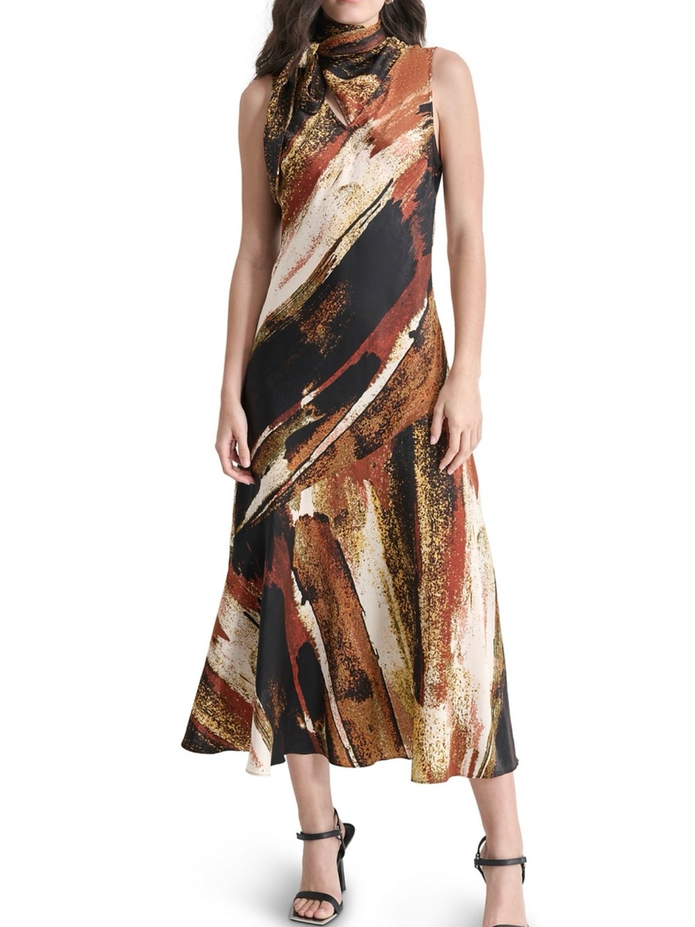 Donna Karan Sleeveless Midi Dress in Rust, Black & Cream Brushstroke Print